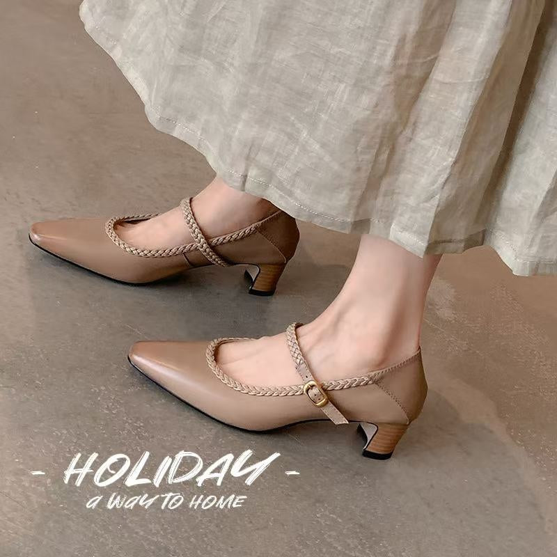 Karin Luna Braided Element Design Chunky Heel Square Toe Single Strap Shoes