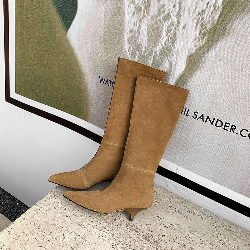 Karin Luna In Stock Spot Goods Retro Cowhide Pointed Toe Stiletto Elegant Long Boots