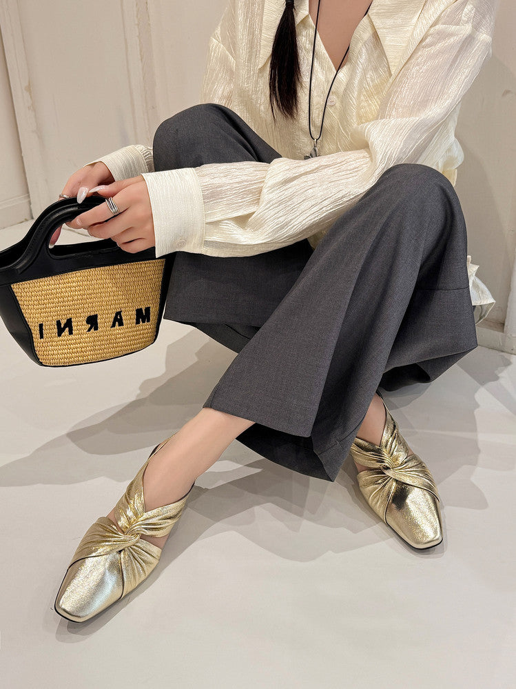 Karin Luna French Retro Wrinkled Small Square Toe Elegant Closed-Toe Sandals