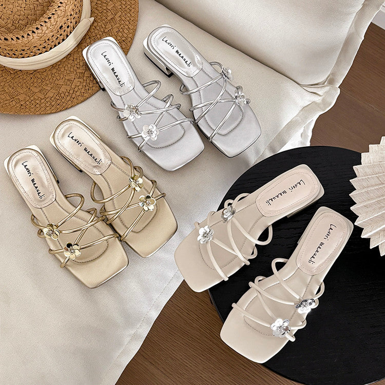 Karin Luna In Stock    Spot Goods    Square Toe One-Strap Sequin Flower Flat Slippers