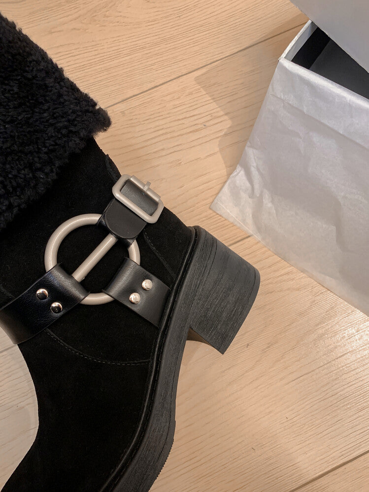 Karin Luna Genuine Lamb Wool and Cowhide Leather Hot-selling Metal Buckle Round Toe Chunky Heel Main Push Main Push