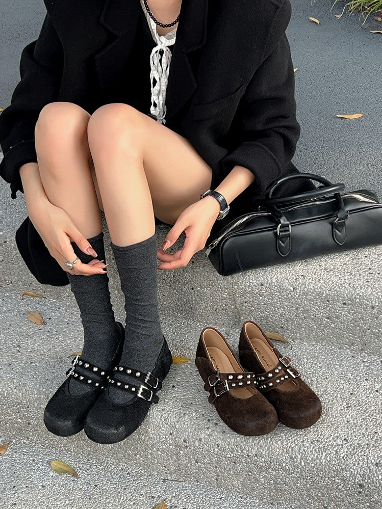 Karin Luna Hot Item Hot Item Punk Style One-Strap Round-Toe Suede Leather Height-Increasing Flats