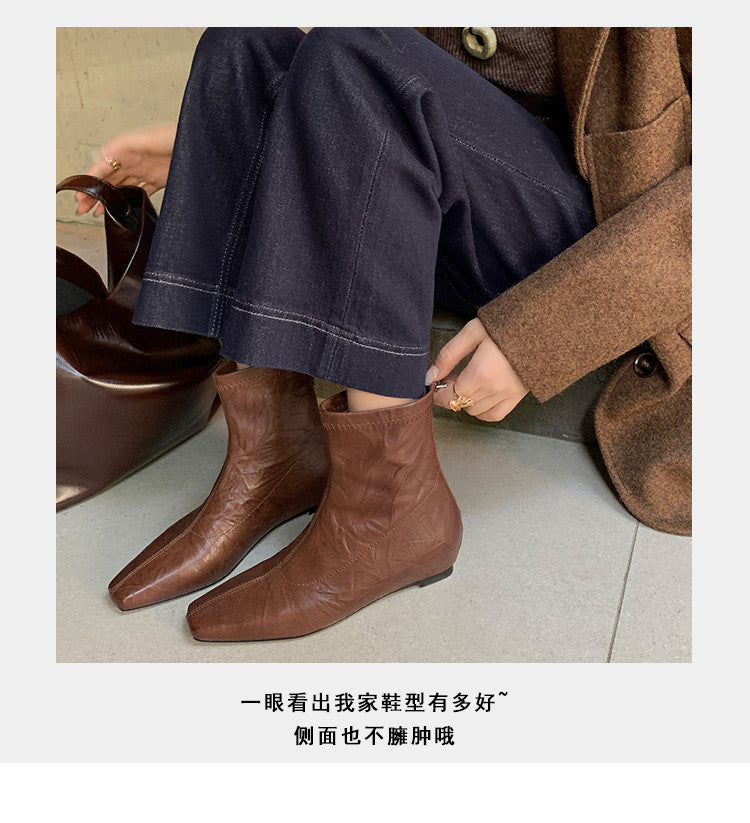 Karin Luna In Stock Spot Goods Slim Series  Hidden Wedge Small Square Toe Back Zipper Short Boots