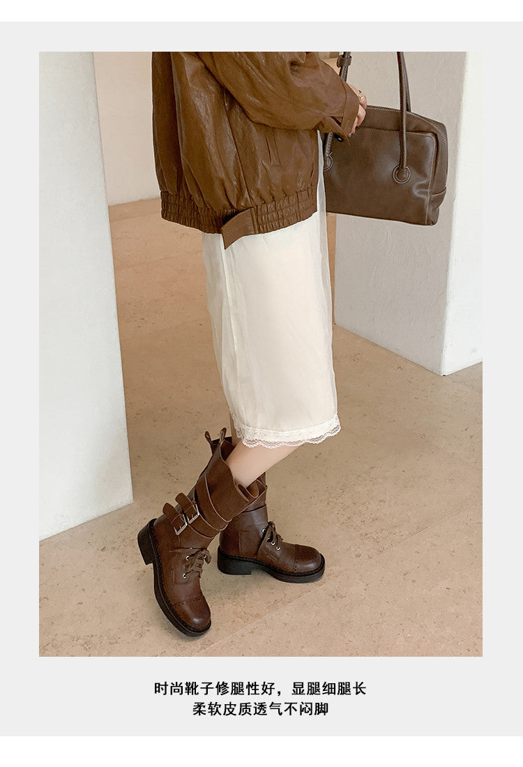 Karin Luna Bestseller Hot-Selling Large Tube Leather Belt Buckle Round Toe Thick-Soled Short Boots
