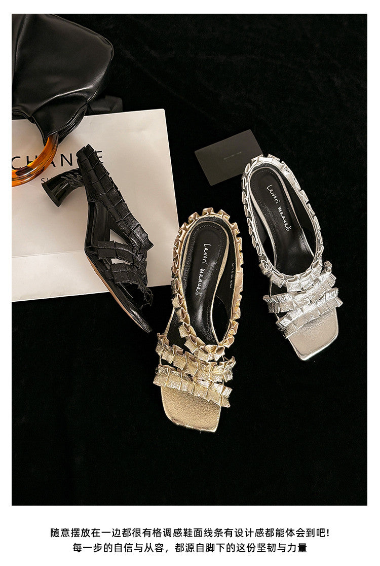 Karin Luna In Stock  Spot Goods  Unique Square-Toe Pleated Lace Sandals