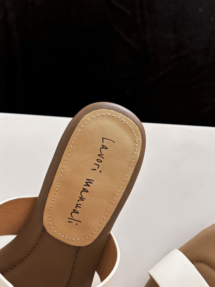 Karin Luna Comfortable Gold Buckle Square Toe Chunky Heel Casual Style Slippers