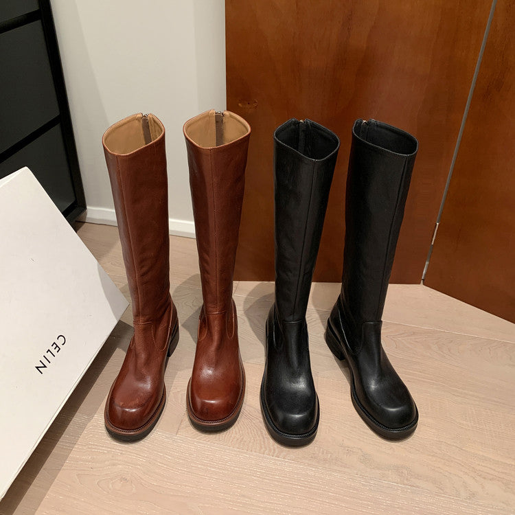 Karin Luna Basic Versatile Style Round Toe Chunky Heel Long Boots