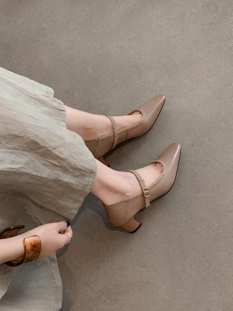 Karin Luna Braided Element Design Chunky Heel Square Toe Single Strap Shoes