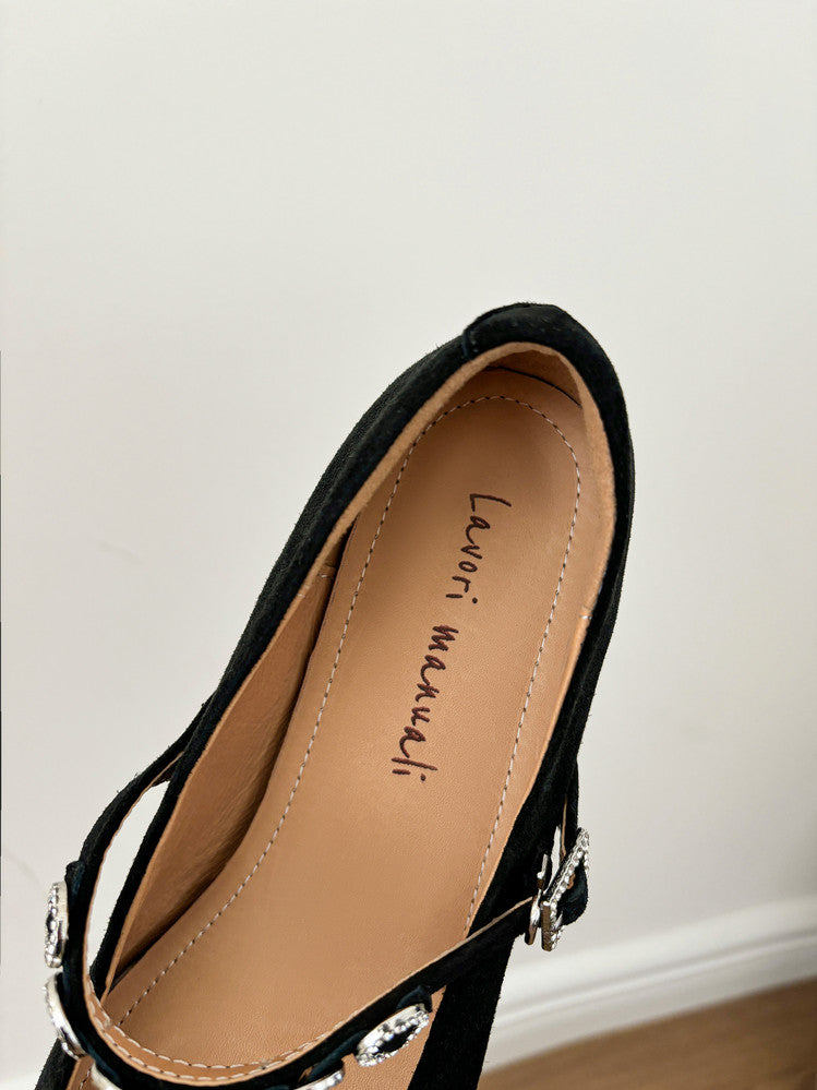 Karin Luna In Stock Spot Goods  Vintage Full Leather Square Toe Rhinestone Strap Shallow Mouth Single Shoes