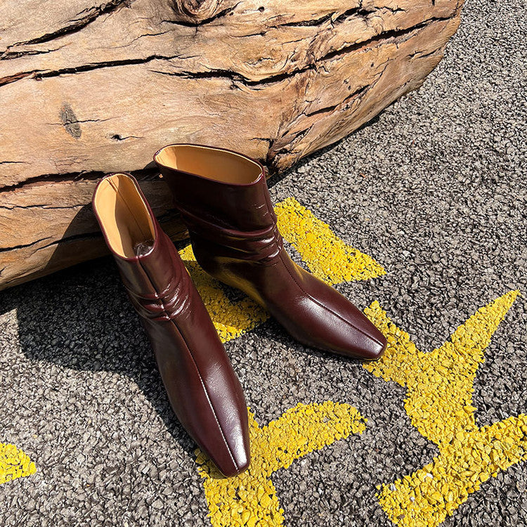Karin Luna In Stock Spot Goods  Retro Wrinkled Small Square Toe Short Boots