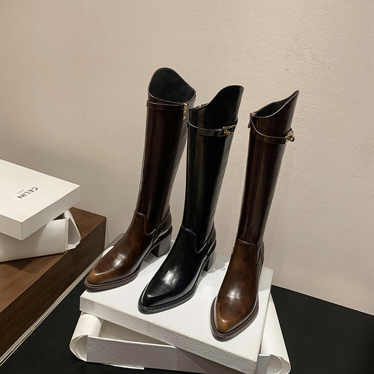 Karin Luna Hot-Selling Fasteners Sold as soon as listed Comes with data plan included Pointed Toe Chunky Heel Classic Full Cowhide Leather Riding Boots
