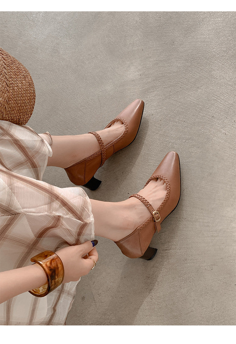 Karin Luna Braided Element Design Chunky Heel Square Toe Single Strap Shoes