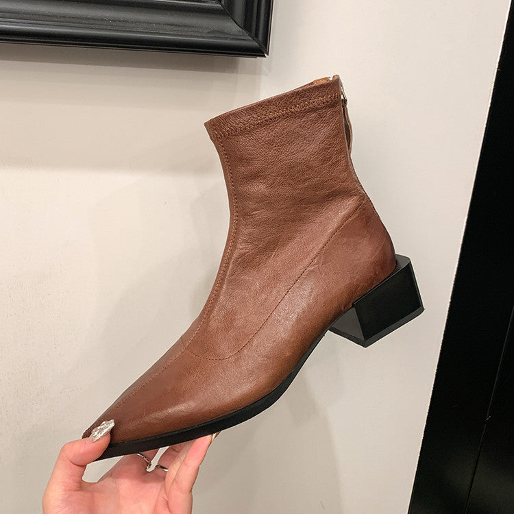 Karin Luna Elegant Style Pointed Toe Chunky Heel Short Boots