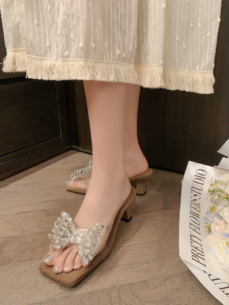 Karin Luna In Stock In Stock Transparent Bow Square Toe Suede Open Toe Sandals