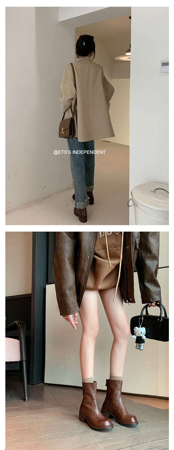 Karin Luna In Stock Spot Goods  Full-grain leather inside and out   Minimalist Texture  Round Toe Flat Bottom Basic Short Boots