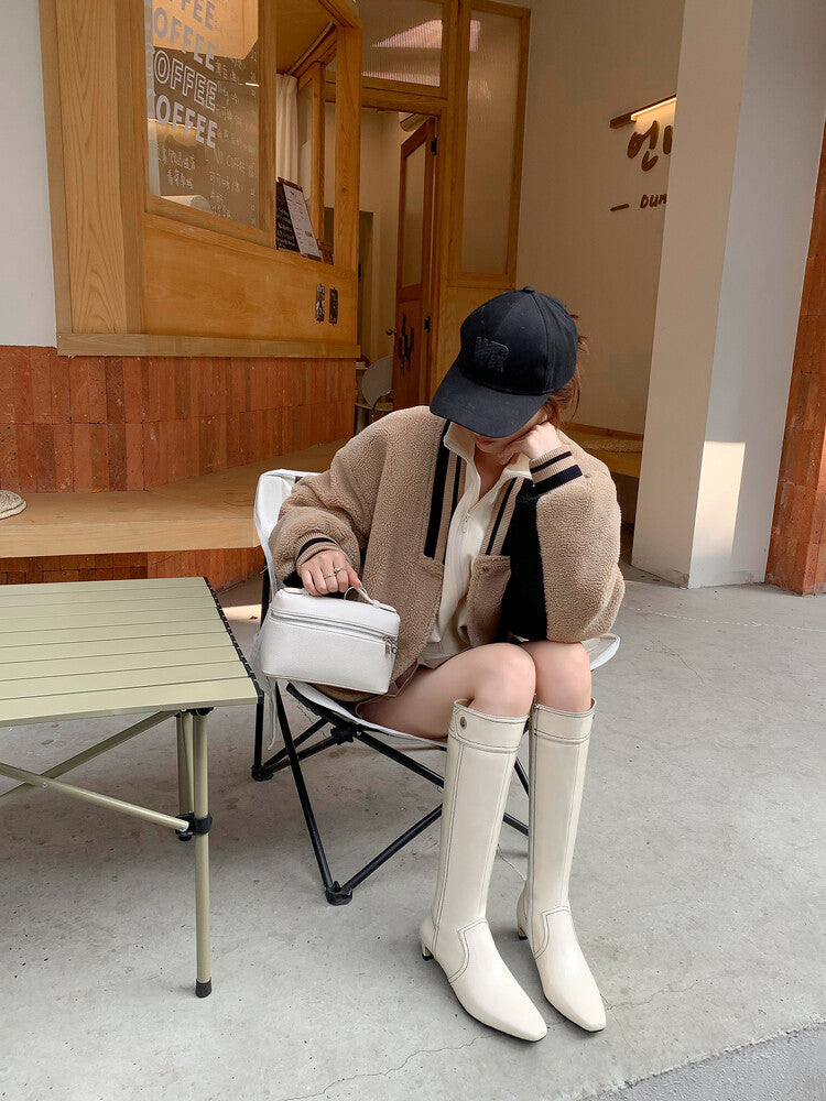 Karin Luna In Stock Spot Goods  Vintage Open Stitch Small Square Toe High Heel Side Zipper Riding Boots