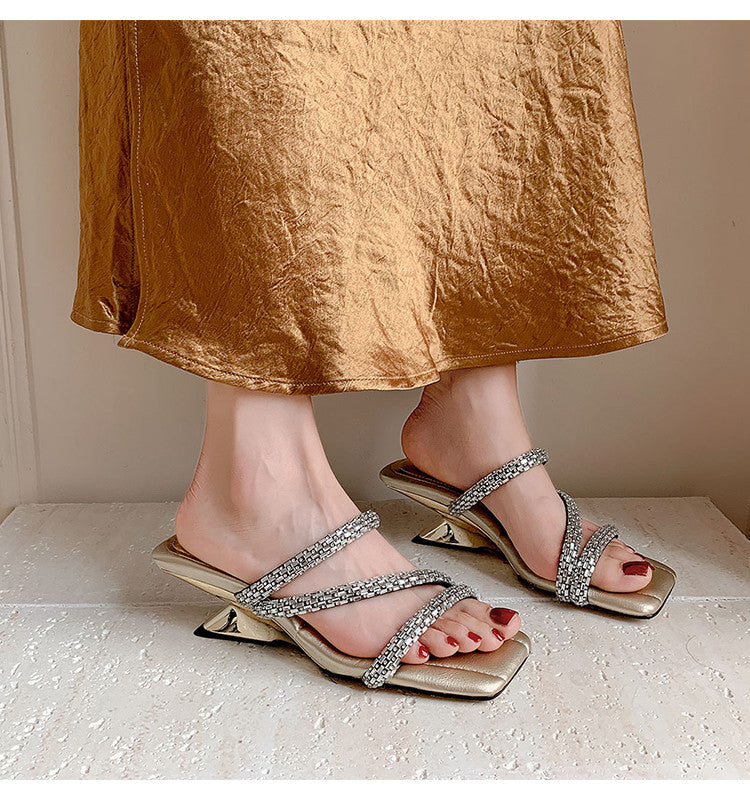Karin Luna In Stock Spot Goods  Rhinestone One-Strap Irregular Heel Square-Toe Slippers