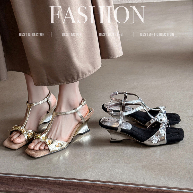 Karin Luna Hot-Selling Sequin Floral Series ~  Square Toe Irregular Heel Square Toe Sandals