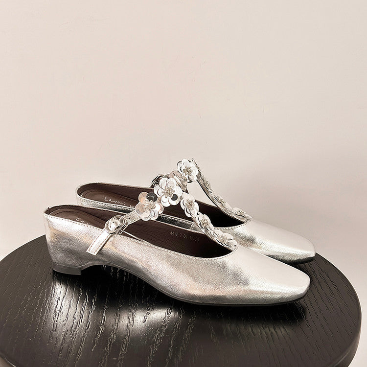 Karin Luna In Stock Spot Goods  T Handmade Sequin Flower Square Toe Height-Increasing Closed-Toe Slippers