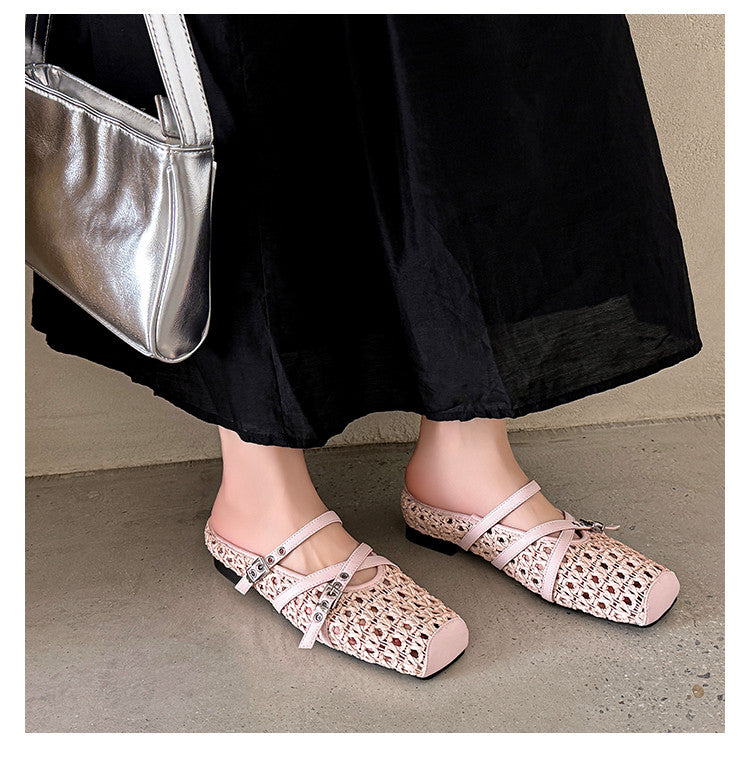 Karin Luna In Stock Spot Goods  Hot-Selling Square-Toe Woven Pig Nose Closed-Toe Slippers
