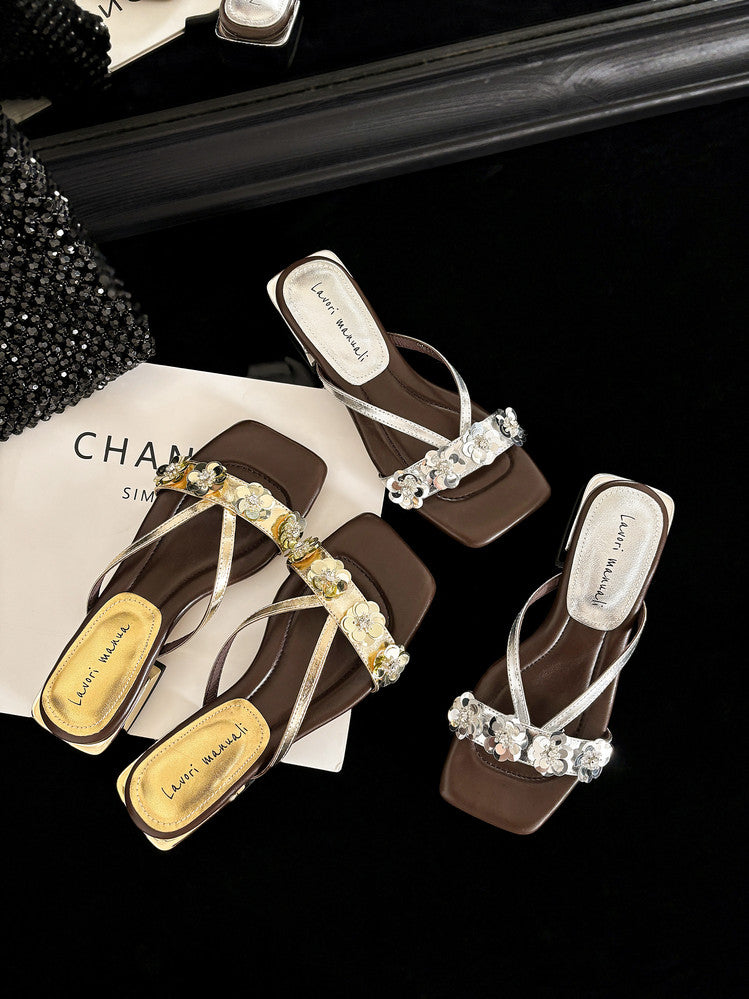Karin Luna In Stock Spot Goods  One-Strap Sequin Floral Square-Toe Flat Slippers