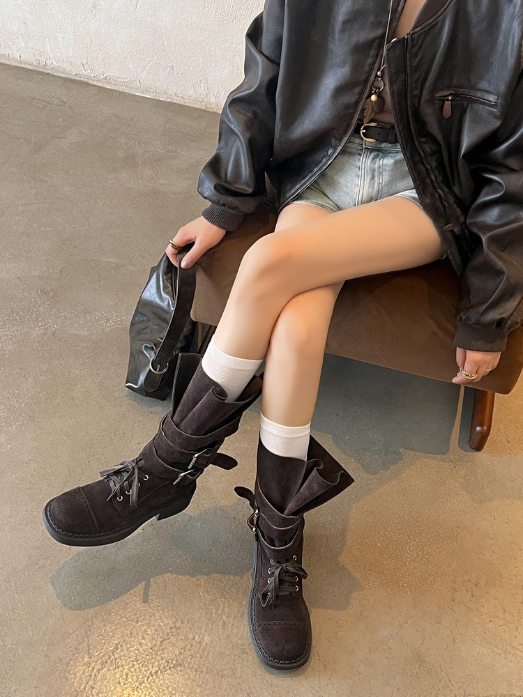 Karin Luna Bestseller Hot-Selling Large Tube Leather Belt Buckle Round Toe Thick-Soled Short Boots