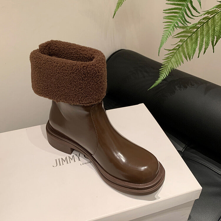 Karin Luna Classic Basic Style   Convertible Foldable Hidden Buckle Snow Fur Shoes Full cowhide Basic Flat Short Boots