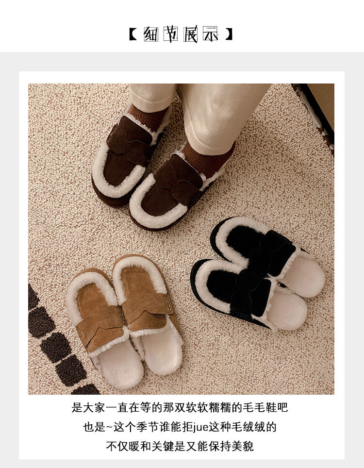 Karin Luna In Stock Look~This is such thick lamb wool Winter Atmosphere！Cowhide Leather Lamb Wool Round Toe Flat Sole Half Support！