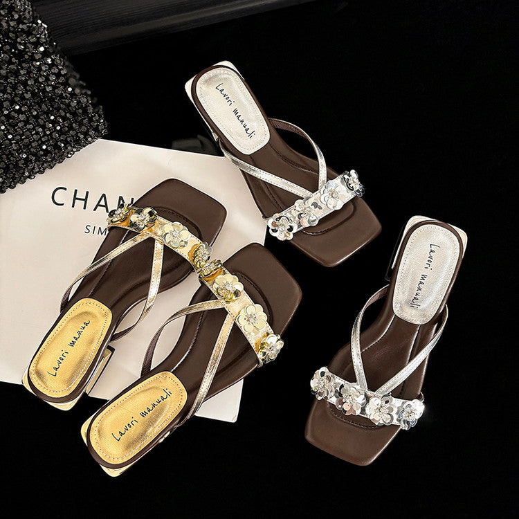 Karin Luna In Stock Spot Goods  One-Strap Sequin Floral Square-Toe Flat Slippers