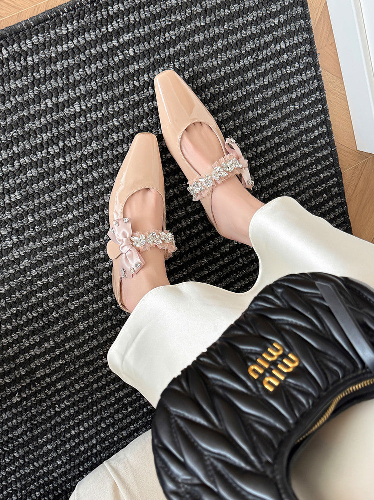 Karin Luna Handmade One-Strap Rhinestone Ribbon Square-Toe Mules
