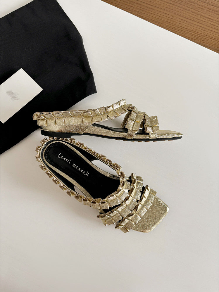 Karin Luna In Stock   Spot Goods  Niche Design Square-Toed Pleated Flat Slippers