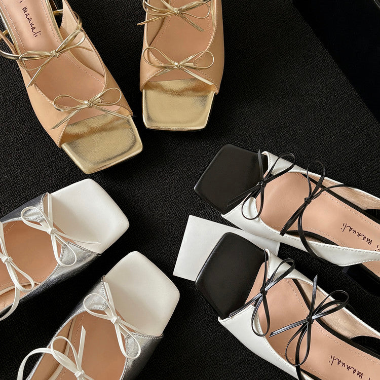 Karin Luna In Stock Spot Goods Square Toe Double Bow Thick Heel Sandals