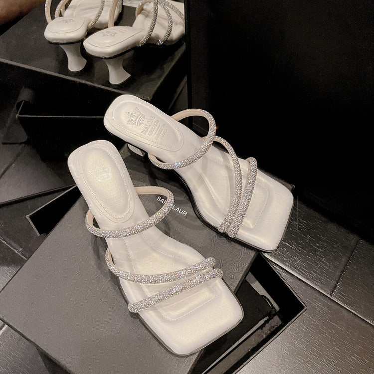 Karin Luna In Stock Spot Goods  Minimalist Versatile Square Toe Rhinestone Strap Open-Toe Sandals