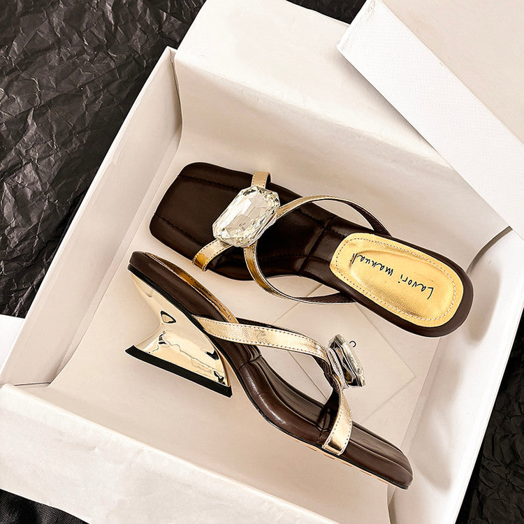 Karin Luna In Stock Spot Goods Rhinestone Square Toe Irregular Heel Slippers