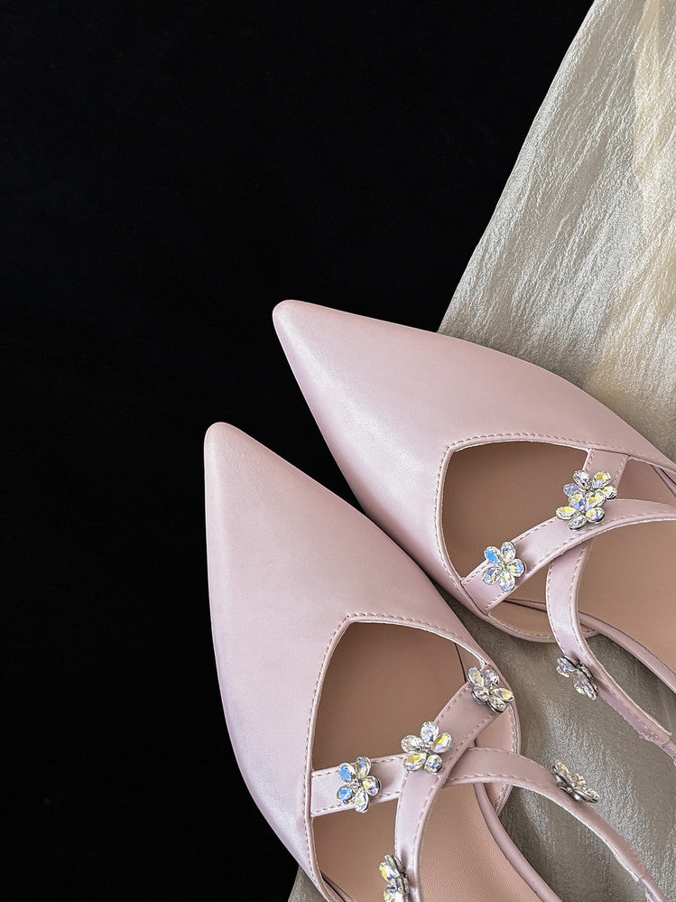 Karin Luna Elegant Pointed Toe Rhinestone Flower High Heel Mules