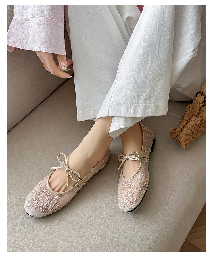 Karin Luna In Stock Spot Goods  Summer Breathable Retro Embroidered Bow Granny Shoes