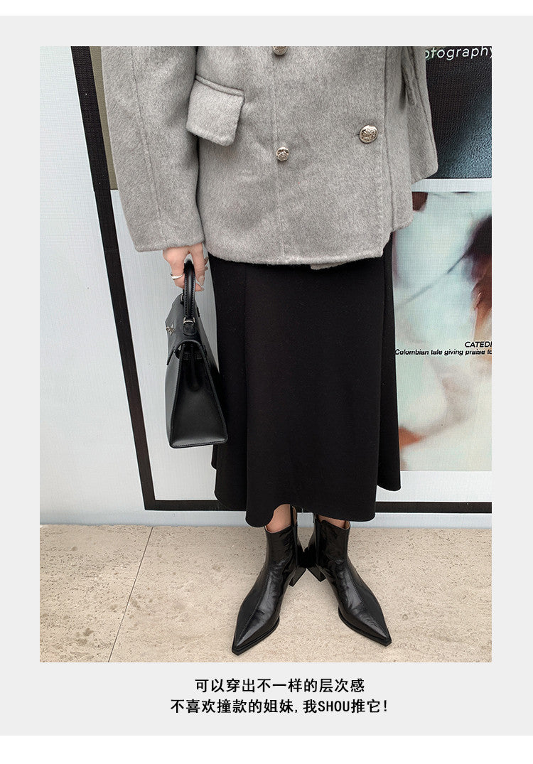 Karin Luna In Stock Spot Goods Elegant Stretch Fabric Patchwork Pointed Toe Chunky Heel Short Boots
