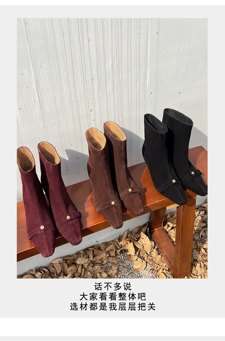 Karin Luna Elegant Style Small Square Toe Belt Buckle Thin Heel Short Boots