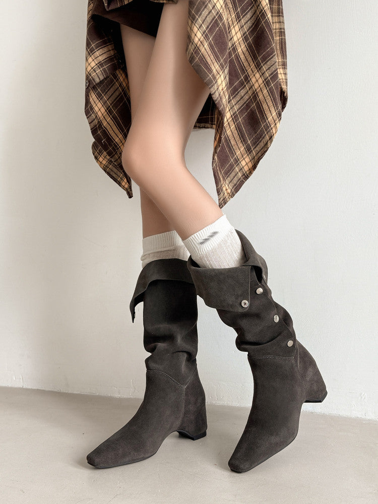 Karin Luna Bestseller Hot-Selling Hidden Buckle Lazy Style Square-Toe Height-Increasing Suede Western Boots