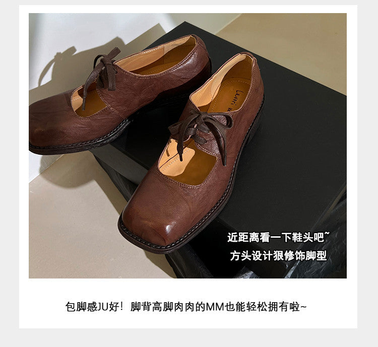 Karin Luna In Stock Spot Goods   Full leather inside and out Vegetable Tanned Hand-Grabbed Sheepskin Square-Toed Chunky Heel Single Shoes