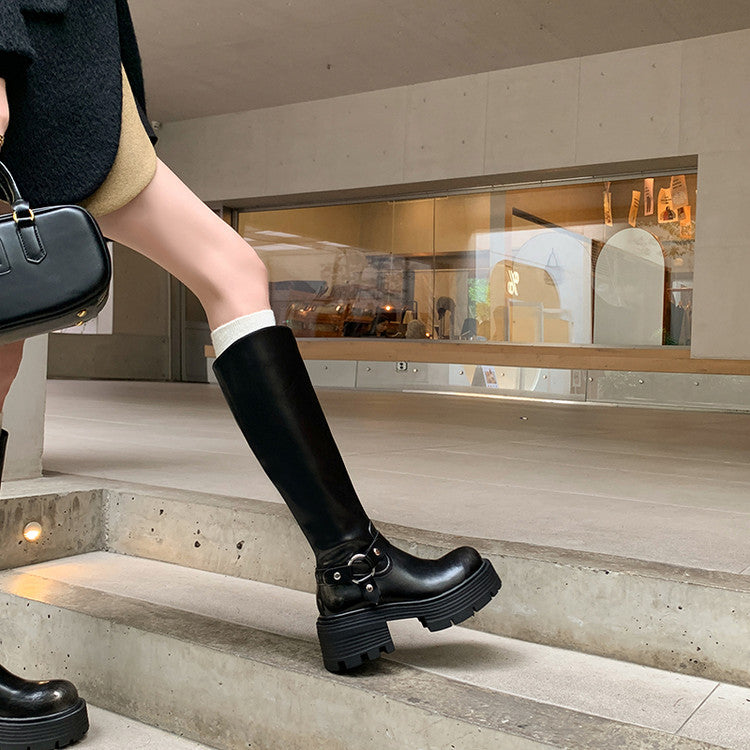 Karin Luna In Stock Spot Goods Round Toe Thick Sole Belt Buckle Straight Long Boots