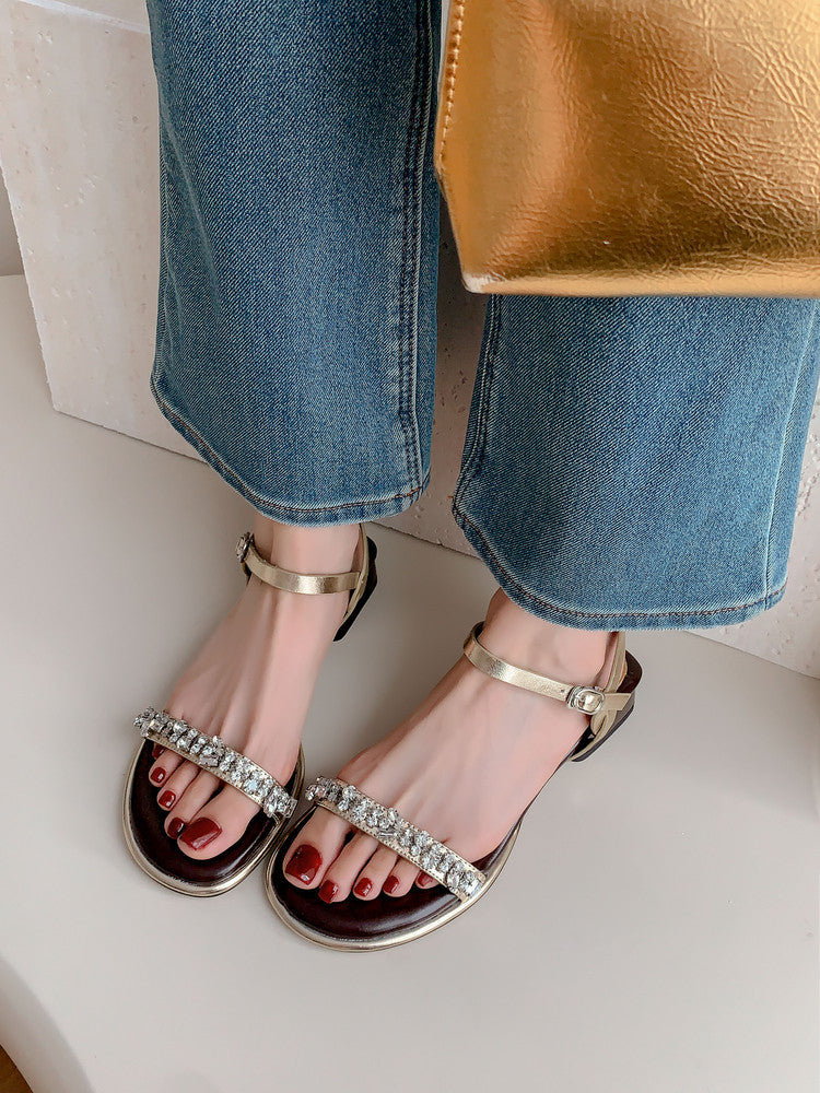 Karin Luna In Stock In Stock  Rhinestone Strap Round Toe Chunky Heel Sandals