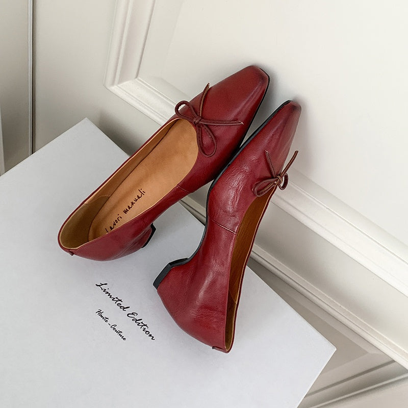 Karin Luna Full Layer Inside and Out~Basic Versatile Small Square Toe Butterfly Knot Irregular Heel Single Shoes