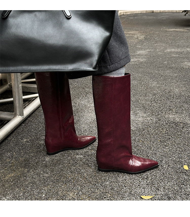 Karin Luna Elegant Style Pointed Toe Internal Height Increase Slip-On Long Boots