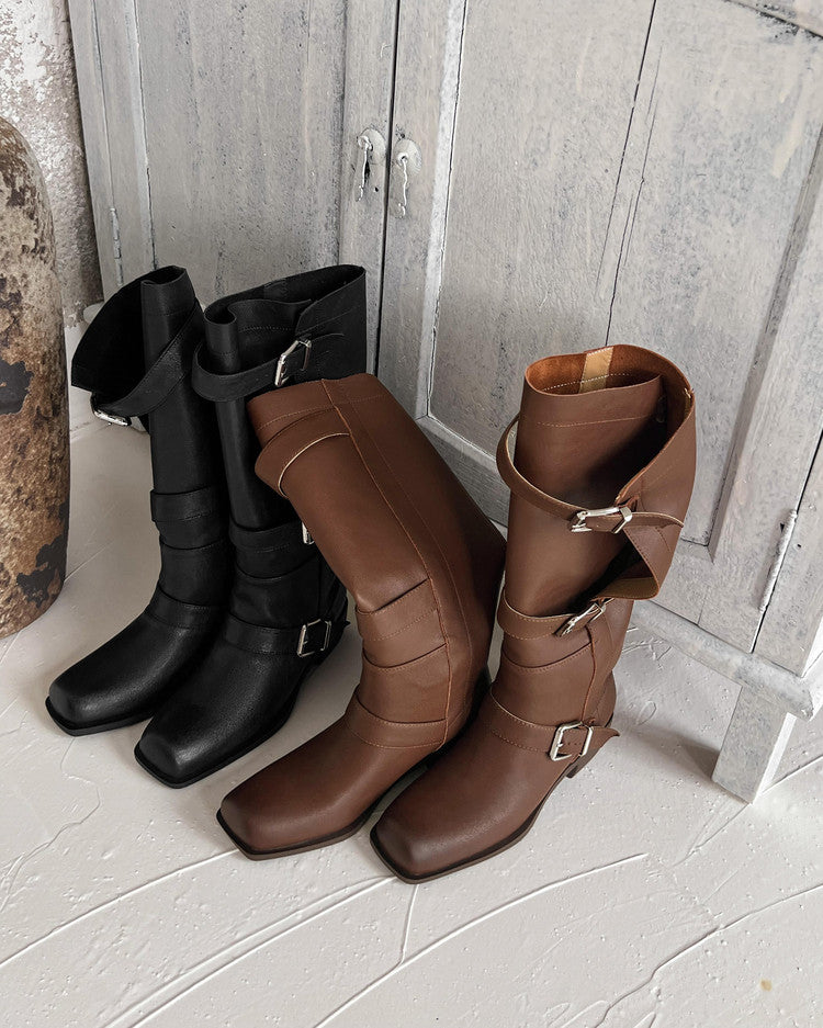 Karin Luna In Stock In Stock European and American Style Square Toe Thick Sole Belt Buckle Long Boots