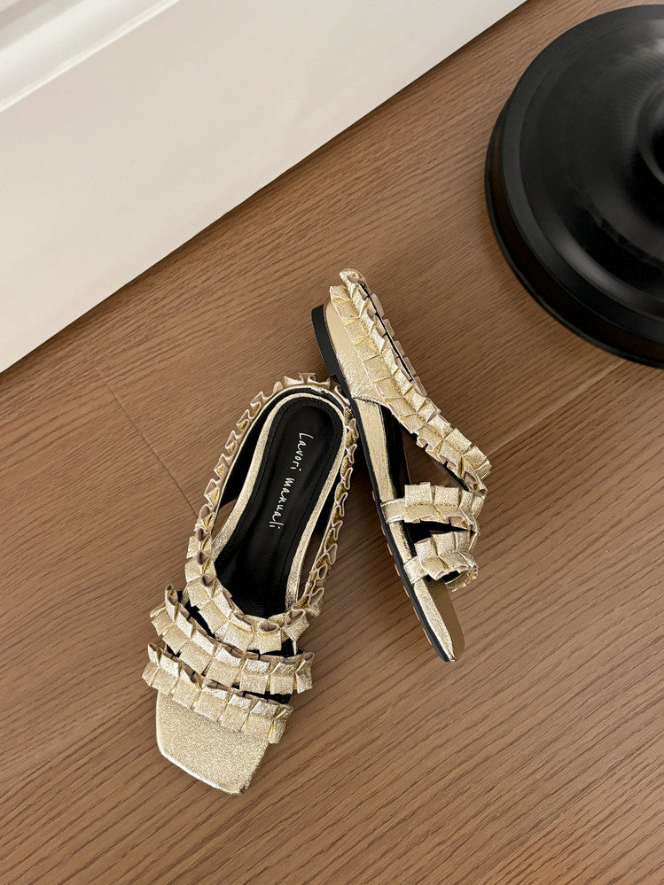 Karin Luna In Stock   Spot Goods  Niche Design Square-Toed Pleated Flat Slippers