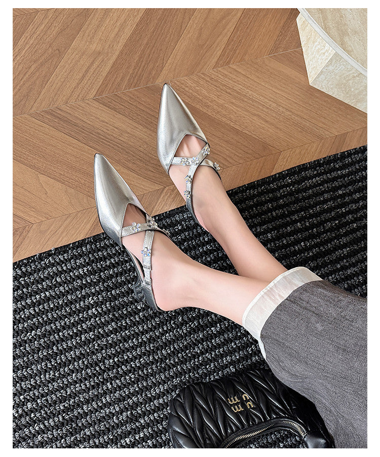 Karin Luna Elegant Pointed Toe Rhinestone Flower High Heel Mules