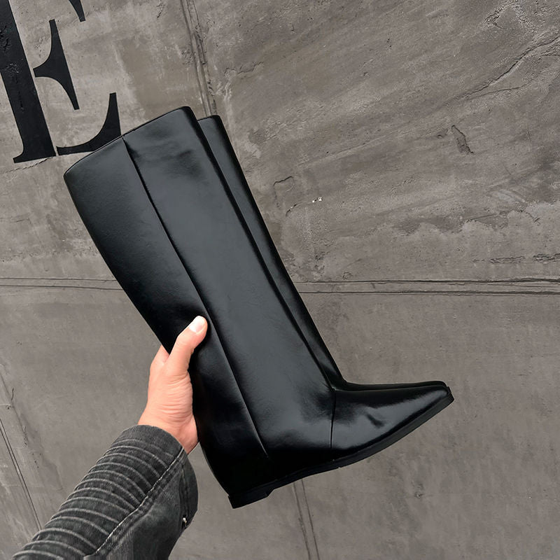 Karin Luna Elegant Style Pointed Toe Internal Height Increase Slip-On Long Boots