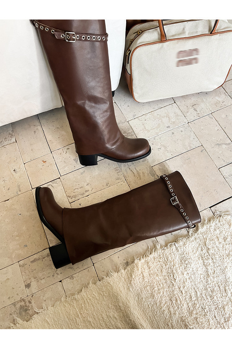 Karin Luna In Stock Spot Goods Belt Buckle Color-Washed Casual Thick-Soled Bootcut Pants Boots