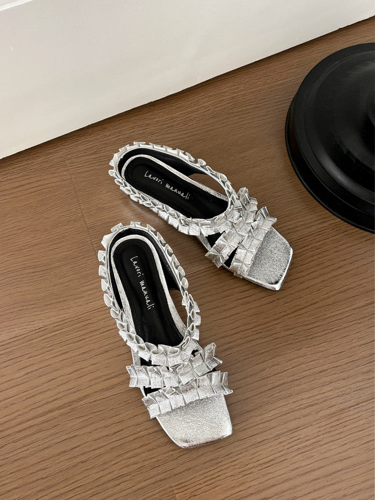Karin Luna In Stock   Spot Goods  Niche Design Square-Toed Pleated Flat Slippers